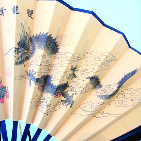 VTG Japanese Wooden HAND HELD FAN Hand Painted Duling Dragons Words Paper 23x13" - Picture 3 of 7